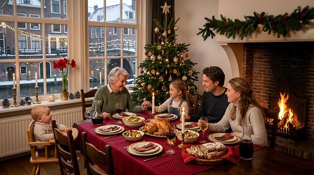 Multi-generational family celebrating christmas dinner by a fireplace