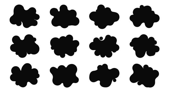 Collection of 12 black abstract fluid shapes and organic blob silhouettes arranged in a grid pattern on a solid white background for graphic design, logo marks, and branding elements.