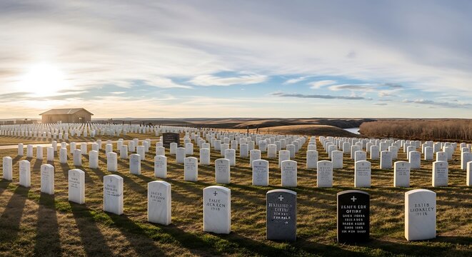 Rows of white headstones in a national cemetery at sunset