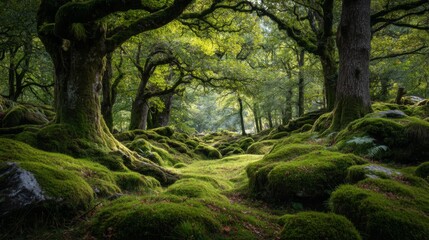 Obraz premium Enchanting Forest Pathway Surrounded by Lush Greenery and Ancient Trees in a Serene Landscape of Moss and Foliage