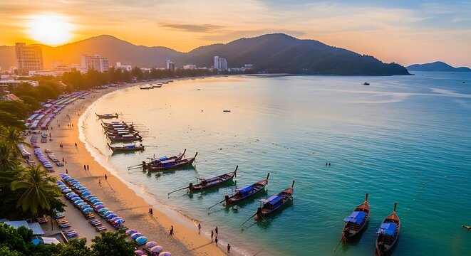 Golden sunset over a tropical bay with longtail boats and sand