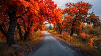 Fototapeta premium Scenic Autumn Road Surrounded by Vibrant Orange and Red Trees Under a Gray Sky in a Picturesque Landscape