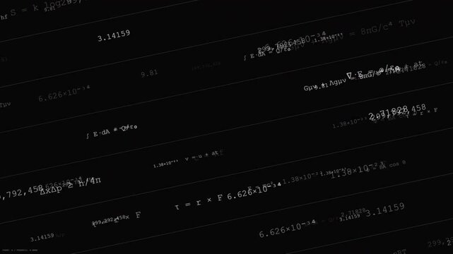 Dynamic Scrolling Mathematical Equations and Scientific Formulas on Black Background