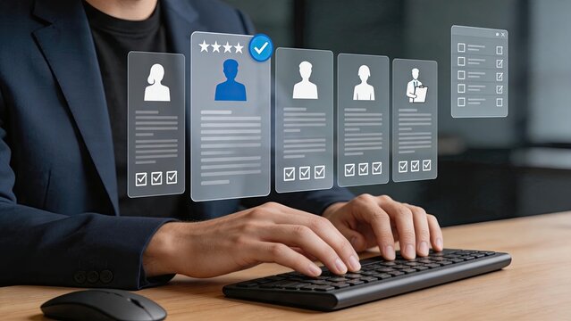 Recruiter reviewing candidate profiles on virtual interface with checkmarks and ratings while typing on keyboard to select best employee for company position or team recruitment