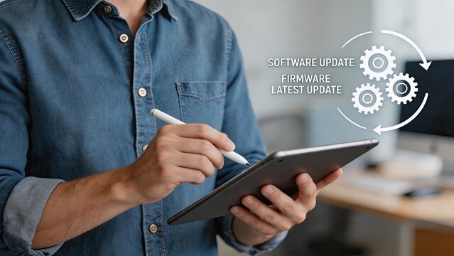 Person using tablet with stylus for software and firmware updates, latest version installation process, technical maintenance task, digital device configuration in modern home or