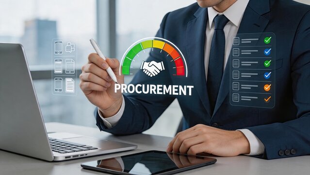 Business executive managing procurement process with digital gauge and checklist, ensuring supplier agreement compliance and contract negotiation success in corporate supply chain