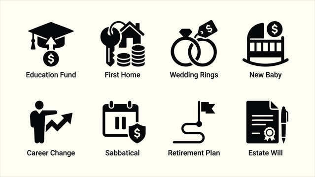 Solid black life events and financial planning milestone vector icon set