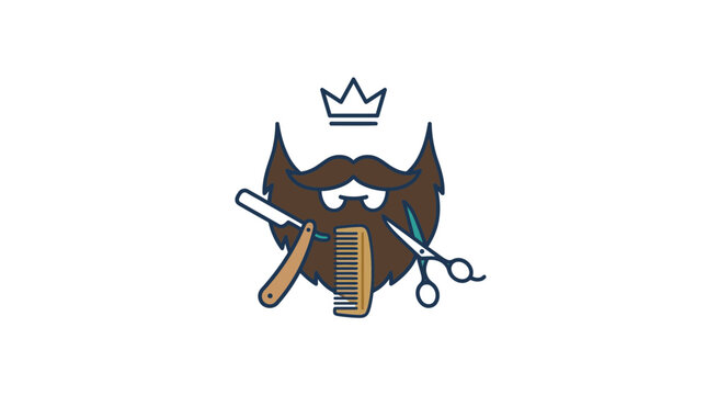 Barber Shop Logo with Beard, Crown, Razor, Comb, and Scissors