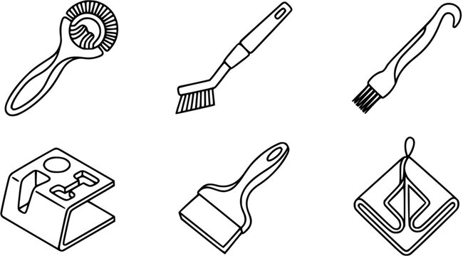 Black and White Line Art Icons Set of Household Kitchen and Cleaning Tools, featuring Brushes, Pizza Cutter, Scraper, and Pot Holder.