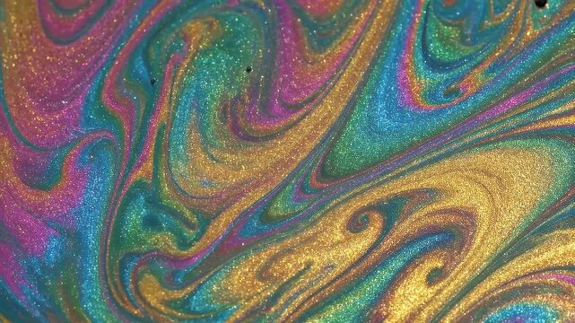 Mesmerizing Iridescent Oil Slick Abstract Patterns Featuring Vibrant Swirls of Gold Teal and Purple Liquid Texture Background