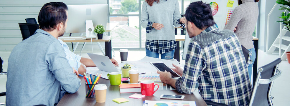 Banner Diversity multiethnic team business person meeting group of business people Present conference room brainstorm. Multicultural Teamwork collaborate team people meeting together trust partner