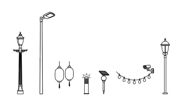 Outdoor lighting equipment including solar lamps lanterns and street poles with security cam.