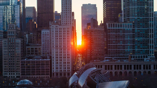  Aerial View of Chicagohenge Sunset Aligning Through Downtown Chicago Skyline with Cloud Gate and Millennium Park, Illinois&rdquo;