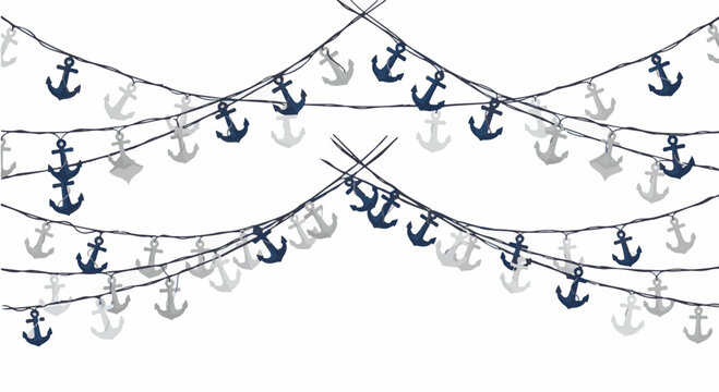 Nautical anchor bunting garland with dark navy and light grey anchor silhouettes hanging from thin black wires over a plain white background, minimalist vector graphic design.
