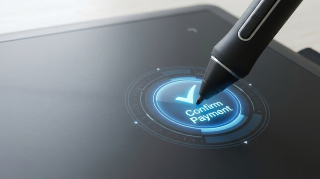 Confirm payment button on digital tablet with pen showing e commerce growth trends in online transaction technology