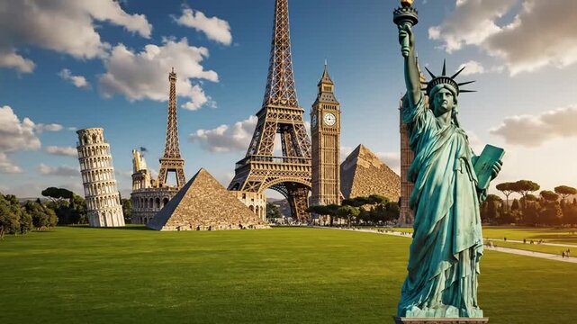 Famous world landmarks together in a sunny green park