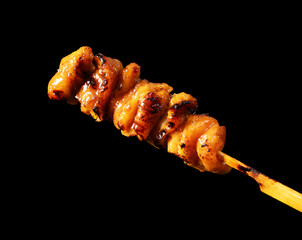 Single Japanese Yakitori Chicken Skin Skewer Isolated on Black Background