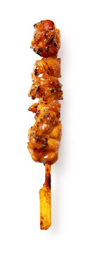 Single Japanese Yakitori Chicken Thigh Skewer with Soft Shadow Isolated on White Background, Vertical View