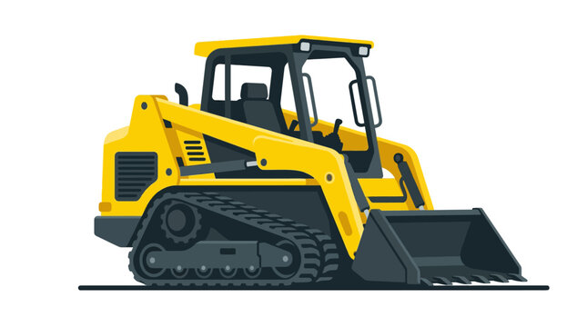 Yellow compact track loader with bucket, isolated on white background, construction equipment.