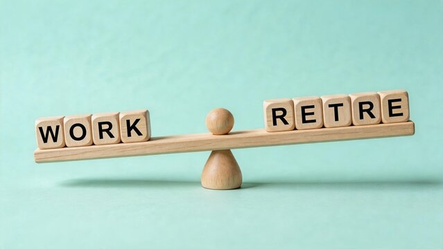 Wooden Blocks Spelling Work and Retire Balanced on a Scale Against Blue Background, Symbolizing Work Life Balance, Retirement Planning, Pension Savings and Financial Freedom for