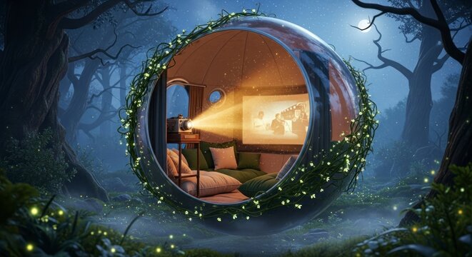 Fant&aacute;stica estrutura em forma de esfera com proje&ccedil;&atilde;o interna contra um cen&aacute;rio de floresta.