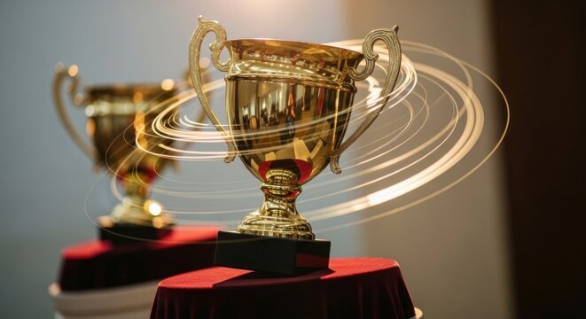 Ta&ccedil;a dourada em pedestal com efeito luminoso, s&iacute;mbolo de conquista.