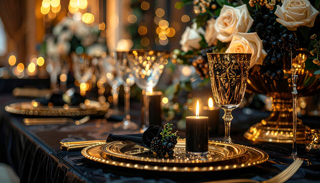Mesa posta com eleg&acirc;ncia e detalhes dourados.