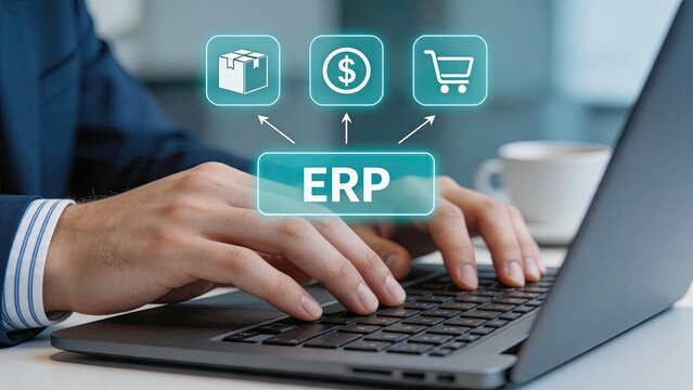 Enterprise resource planning ERP system concept showing integration of logistics inventory finance and shopping cart icons on digital interface for business automation