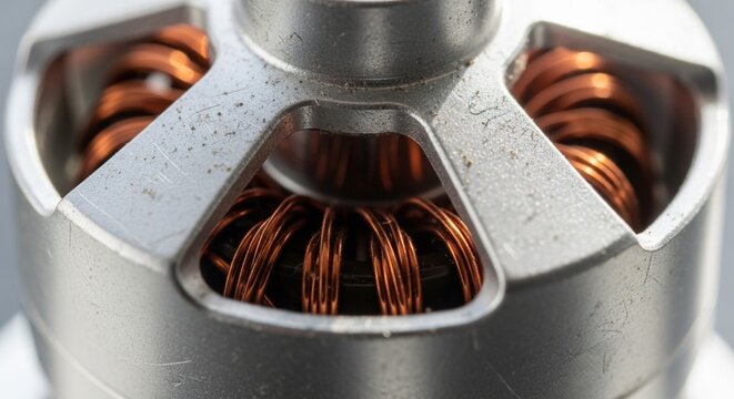 Detailed Macro View of a High-Performance Drone Brushless Motor with Copper Coils and Silver Housing