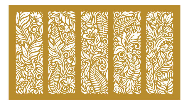 Gold floral laser cut panels, decorative botanical screen vector templates, elegant leaf and flower patterns for interior partition or wall art