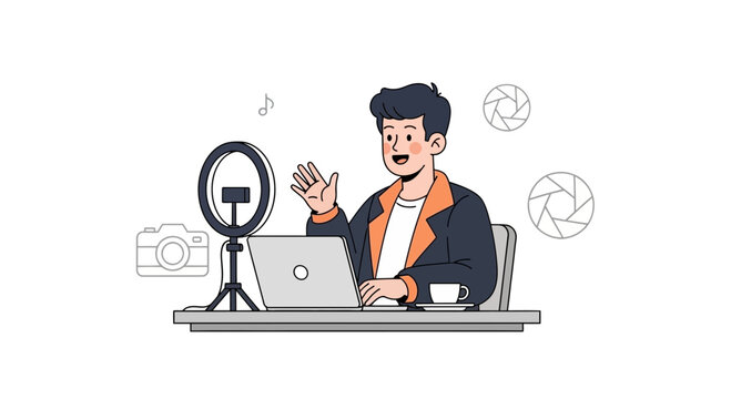 Content Creator with Ring Light, Laptop, and Camera - Modern Flat Illustration