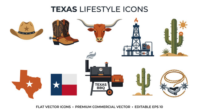Texas icons showcase cowboy boots cattle Texas flag cactus oil rig