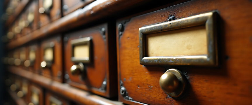 Vintage wooden card catalog drawers with brass handles.