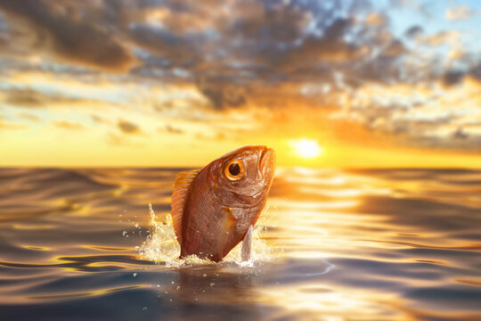 Threadfin bream fish jumping out of the water with a splash under a sunset sky