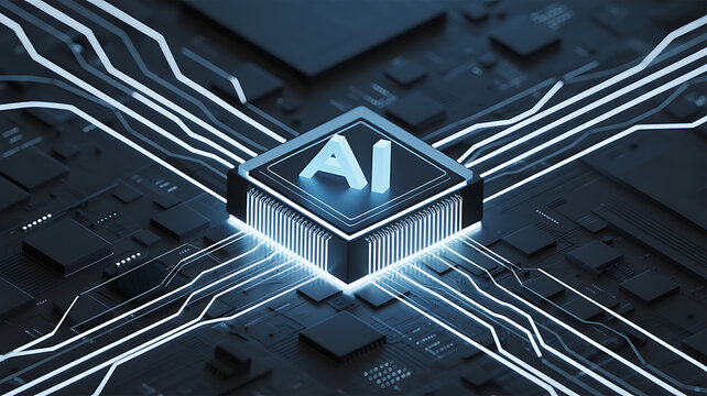 3D Rendering Glowing Ai artificial intelligence technology Chipset CPU on circuit board. electronic and technology Concept.