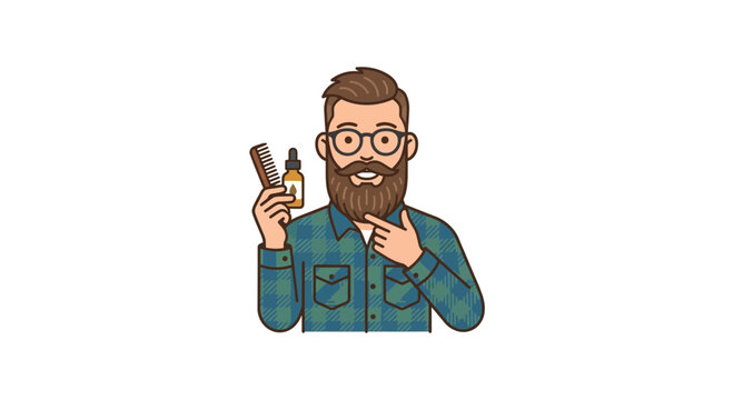 Bearded Man Holding Beard Oil and Comb Illustration