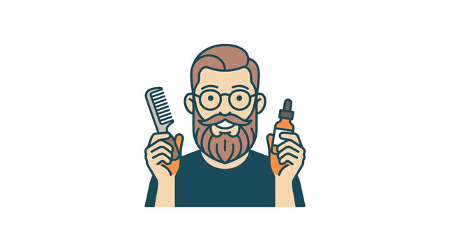 Bearded Man Holding Hair Comb and Beard Oil Illustration