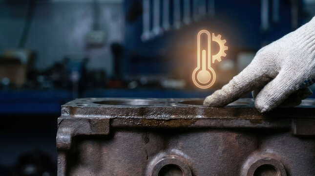 AI predictive maintenance concept with hand in glove pointing at engine block and temperature icon in workshop environment