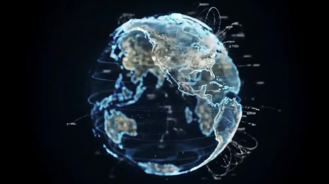 Glowing digital earth with global data connection lines.