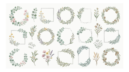 Watercolor botanical wreath and frame collection, elegant floral border set with eucalyptus and greenery, 20 vector elements for wedding invitations © I'm_coming