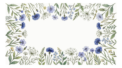 Watercolor wildflower frame with blue cornflowers and green leaves. Botanical floral border vector for wedding invitations and spring greeting cards. © I'm_coming