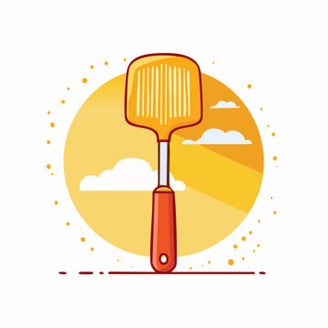 Illustration of a fly swatter against a sunny sky with clouds