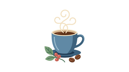 Fototapeta premium Blue Coffee Cup with Coffee Beans and Berries Illustration
