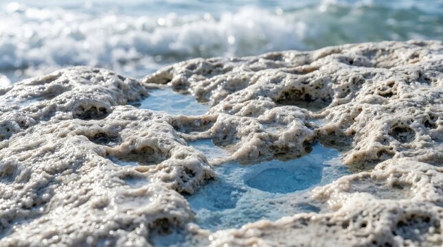 Macro photograph of a textured tropical coral beach rock surface with tide pools and waves, capturing the intricate details of a coastal landscape in a wide cinematic horizontal composition.