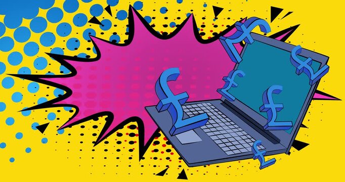 Cartoon Laptop, comic book Notebook with English Pound Sign. Retro cartoon comics pop art animation.