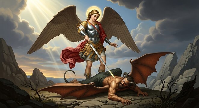 Winged angelic warrior standing triumphant over a defeated winged dragon on rocky terrain