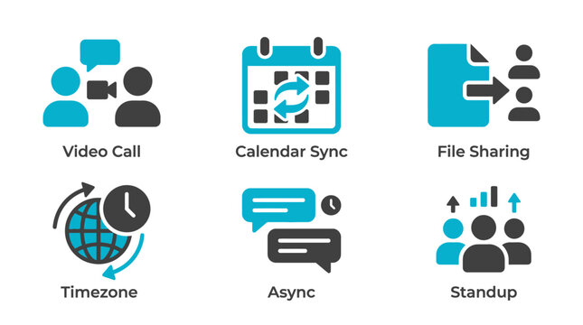 Business Collaboration Icons: Video Call, Calendar, File Sharing, Timezone, Async, Standup