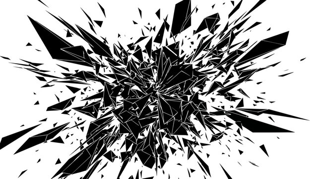 Abstract black and white geometric explosion with shattered fragmented shards and sharp edgy polygons