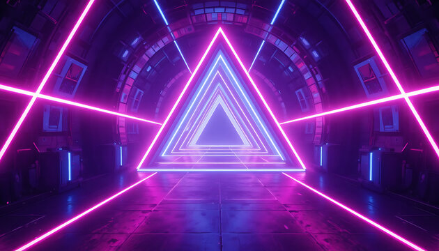 Vibrant neon pink and blue triangular tunnel with glowing lines and futuristic architecture in a dark room