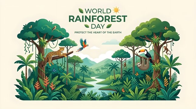 World Rainforest Day Eco Poster with Tropical Jungle Animals Waterfall and Conservation Slogan Vector